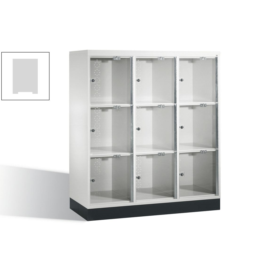 Schließfachschrank, Fächerschrank mit Türen aus Acrylglas, 3 Abteile, 9 Fächer, Zylinderschloss, 1.370 x 1.220 x 500 mm (HxBxT), Korpus anthrazitgrau