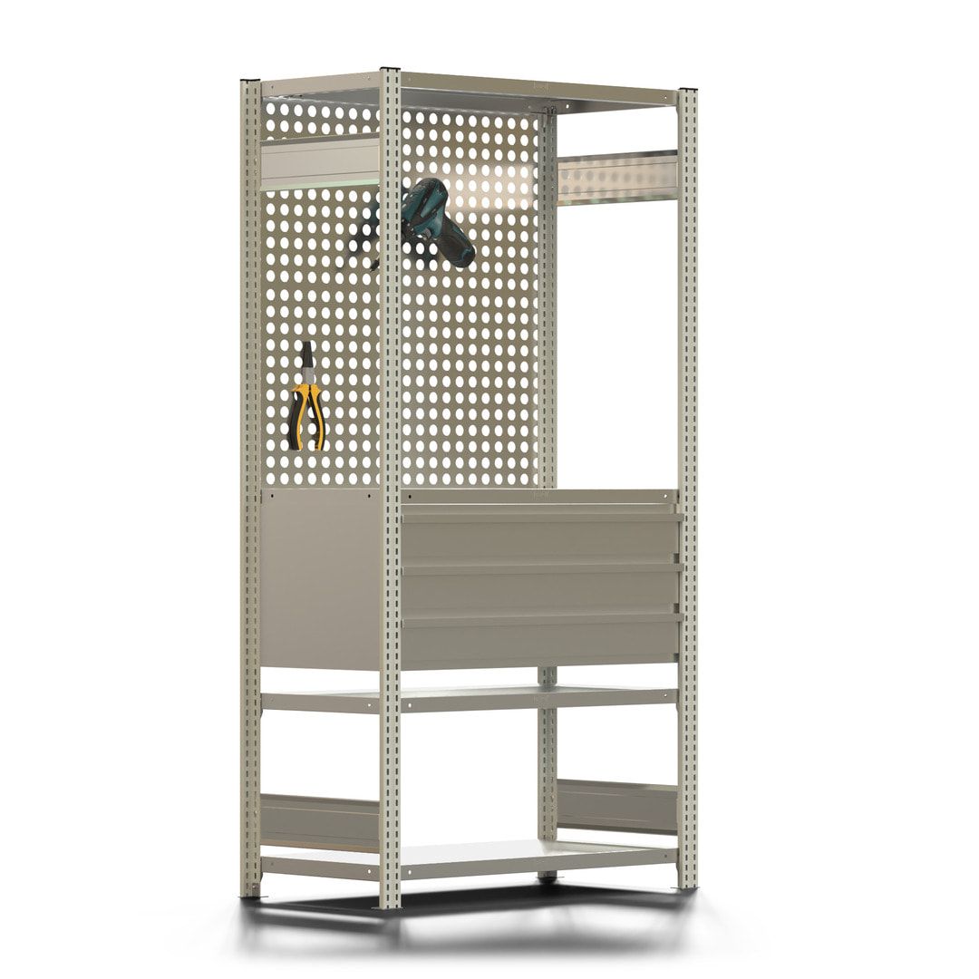 Fachbodenregal mit Lochwand - 150 kg - 4 Fachböden - 3 Schubladen - 2.000 x 1.005 x 500 mm (HxBxT) - Anbauregal - verzinkt