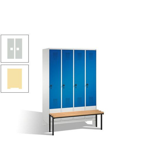 Stahl-Garderobenschrank, Spind, Buche Sitzbank vorgebaut, 4 Abteile a 300 mm, Korpus Lichtgrün, Tür Schwefelgelb, 1.850 x 1.200 x 815 mm (HxBxT)
