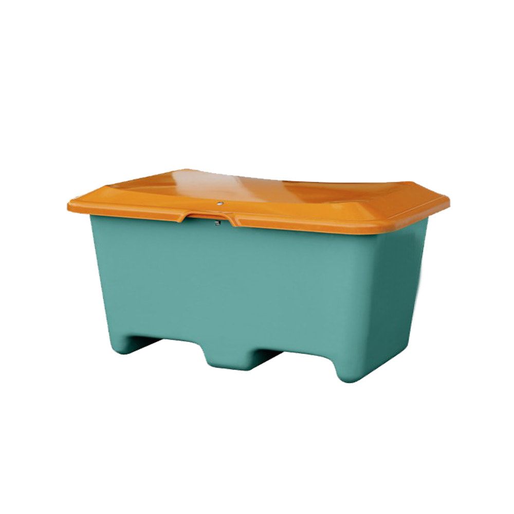 Streugutbehälter für Streusalz, Futtermittel, mit Staplersockel (Einfahrtaschen), 400 l Volumen, 680 x 1.210 x 820 mm (HxBxT), grau/orange, aus GFK