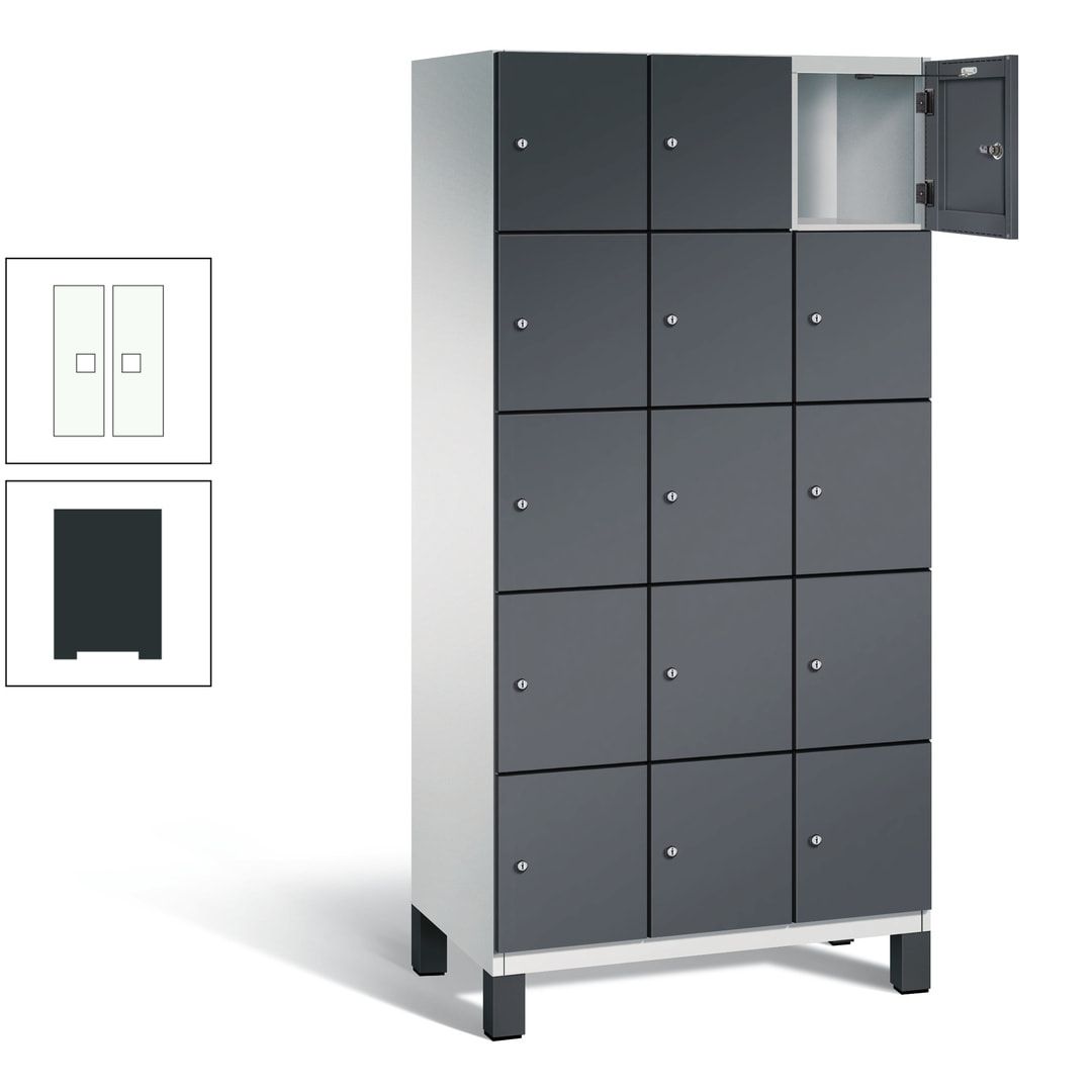 Fächerschrank, Stahlschrank, 15 Fächer, Türöffnungsbegrenzer, Füße, 1.980 x 900 x 525 mm (HxBxT), Korpus anthrazitgrau, Front anthrazitgrau