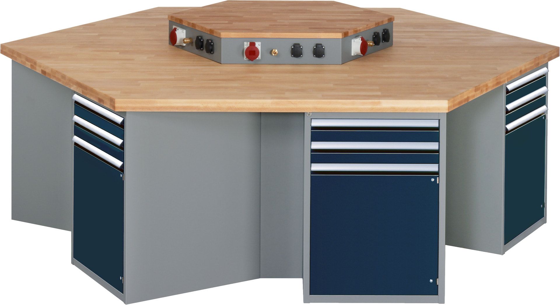 Gruppenwerkbank, Buche, Höhe 840 mm, mit Energieaufsatz, Unterbau-Container, 2 Schubladen, 1 Tür, 1 Boden - Anthrazitgrau