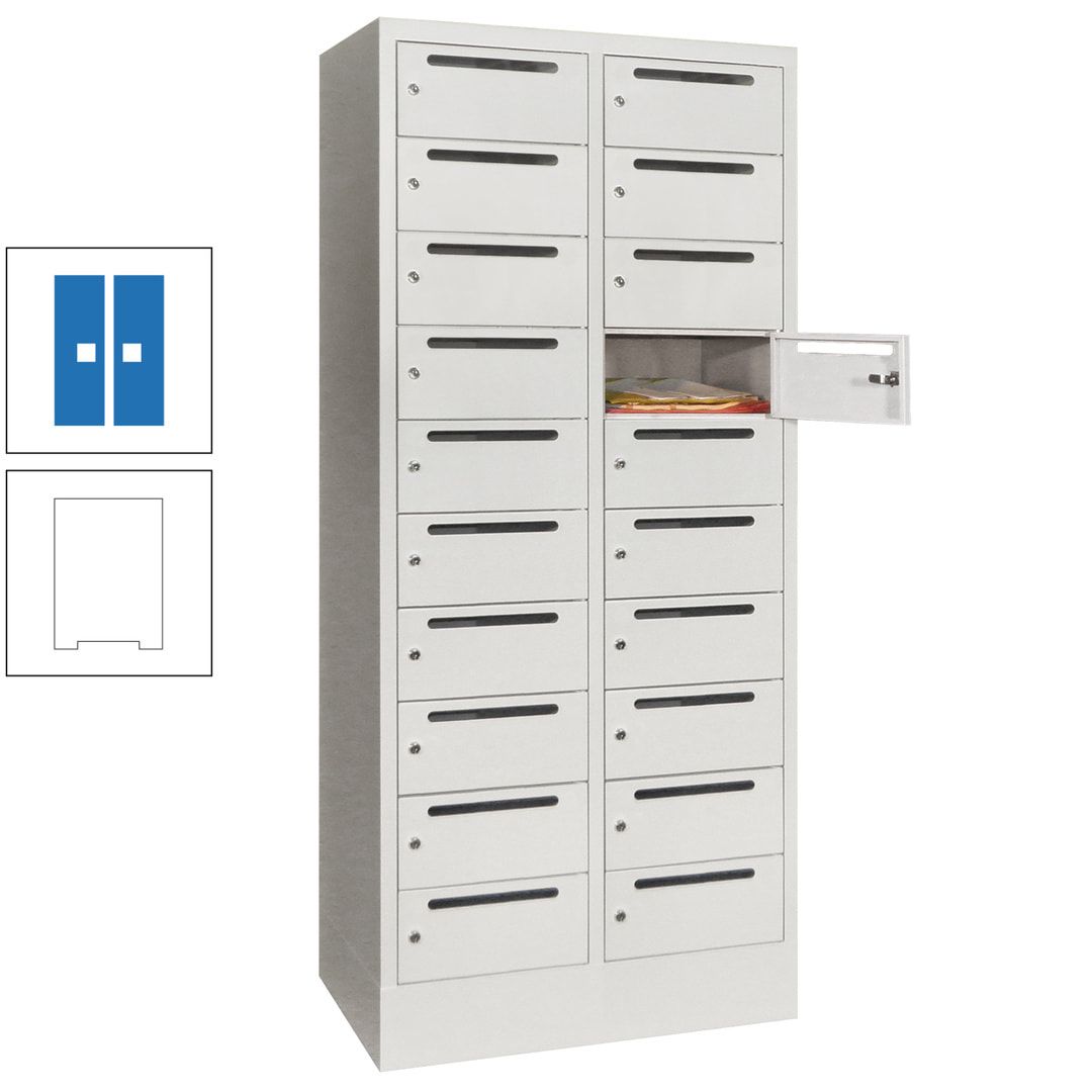 Postverteilerschrank, Schließfachschrank, 2 Abteile a 400 mm, 20 Fächer, 1.850 x 800 x 500 mm (HxBxT), Korpus anthrazitgrau, Front anthrazitgrau