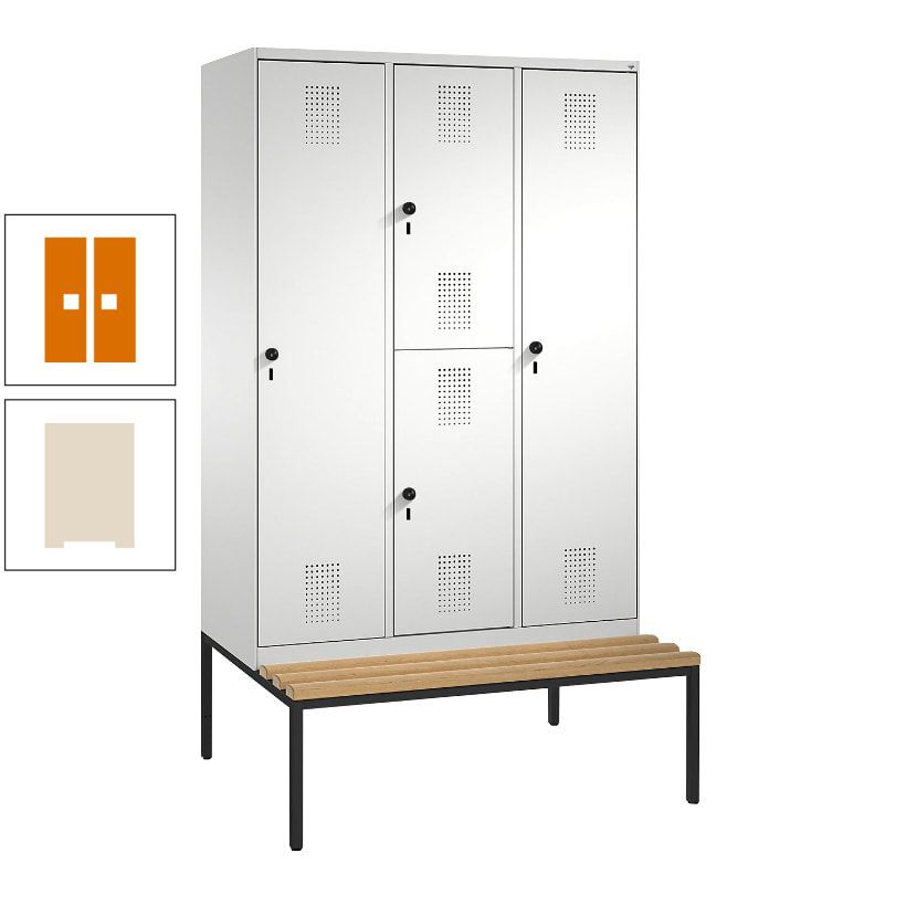 Garderobenschrank, Spind ein- und doppelstöckig Sitzbank, 3 Abteile, 4 Fächer, 2.090x1.200x500 mm (HxBxT), Front anthrazitgrau, Korpus anthrazitgrau