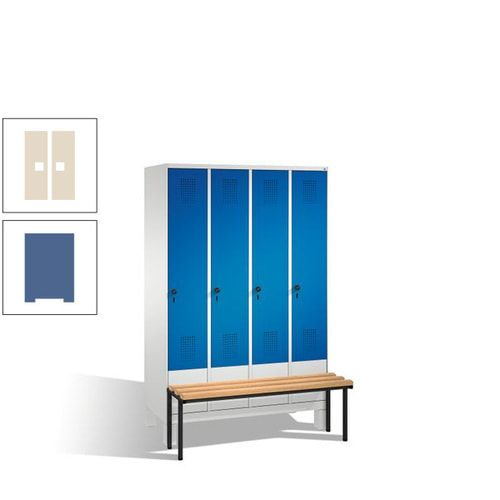 Stahl-Garderobenschrank, Spind, Buche Sitzbank vorgebaut, 4 Abteile a 300 mm, Korpus Lichtgrün, Tür Schwefelgelb, 1.850 x 1.200 x 815 mm (HxBxT)
