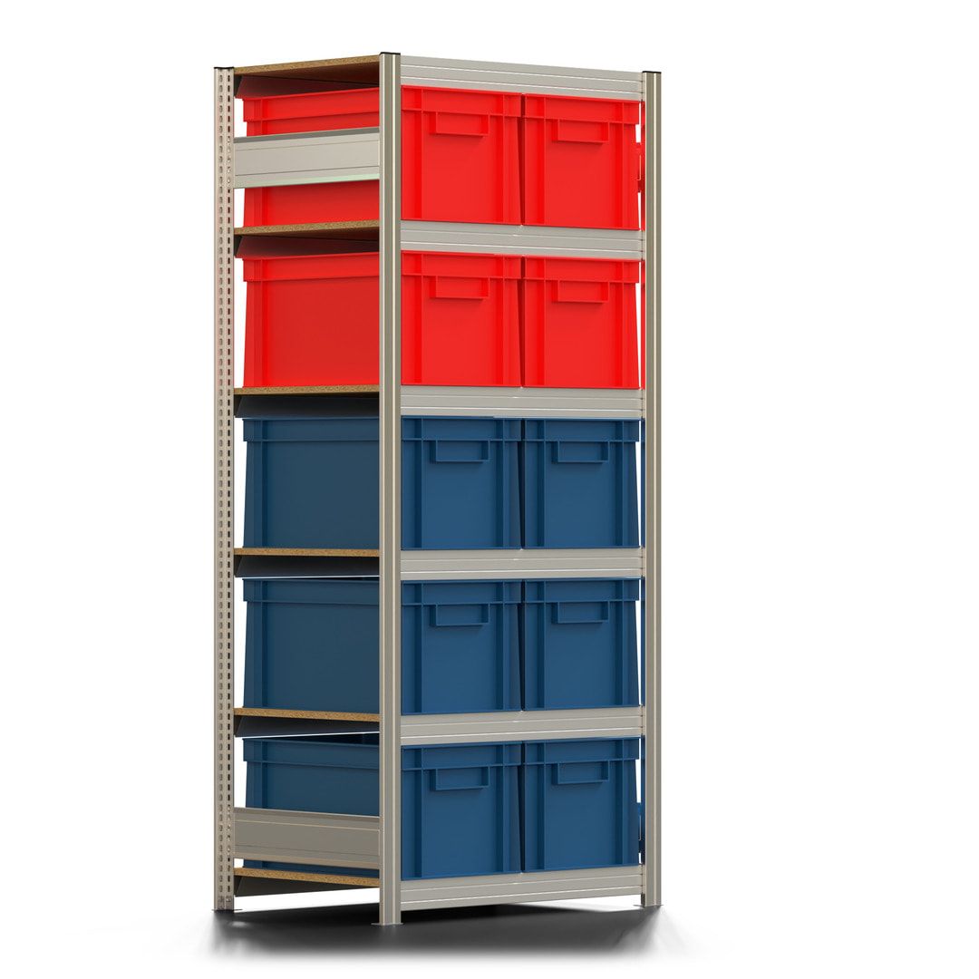 Steckregal BERT - Anbauregal mit 10 Eurokästen - 6 Böden - 350 kg - 2.075 x 875 x 600 mm - beidseitig bedienbar - erweiterbar - verzinkt