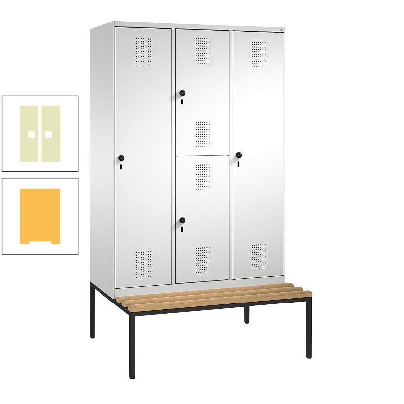 Garderobenschrank, Spind ein- und doppelstöckig Sitzbank, 3 Abteile, 4 Fächer, 2.090x1.200x500 mm (HxBxT), Front anthrazitgrau, Korpus anthrazitgrau
