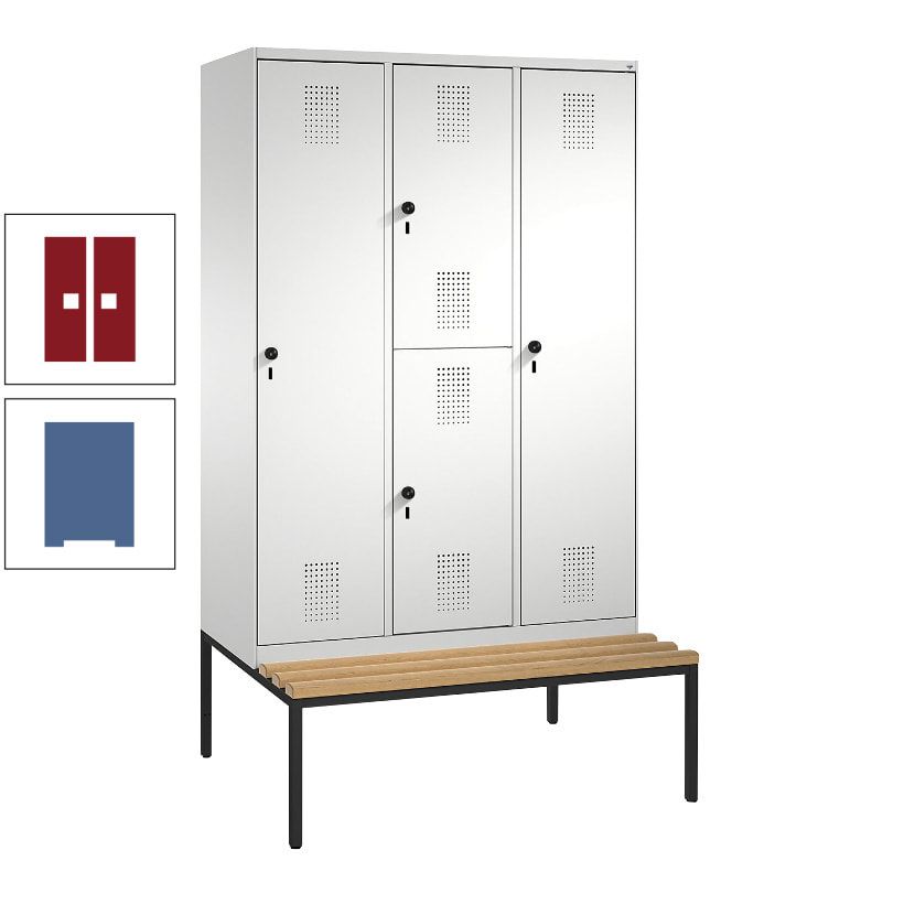 Garderobenschrank, Spind ein- und doppelstöckig Sitzbank, 3 Abteile, 4 Fächer, 2.090x1.200x500 mm (HxBxT), Front anthrazitgrau, Korpus anthrazitgrau