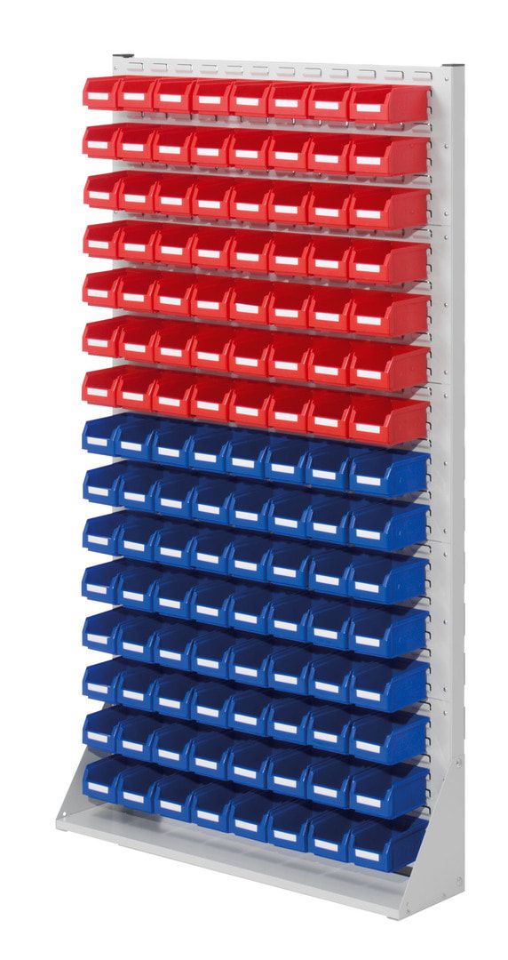 Stationäre Regalwand - Schlitzwand für Sichtlagerkästen - einseitig - mit 102 Kästen bestückt - 1.790 x 1.000 x 240 mm (HxBxT)