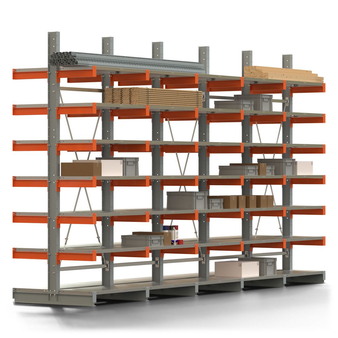 Doppelseitiges Kragarmregal mit Fachböden, 2 Felder, 3.000 x 2.000 (HxB), Nutztiefe 1.000 mm, Kragarmlast 450 kg, KARL basic, silbergrau/reinorange