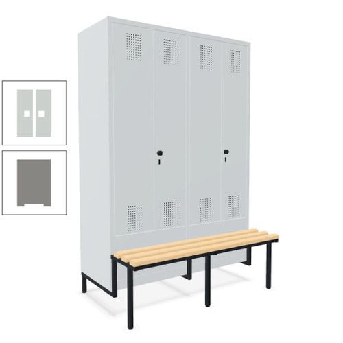 Doppel-Spind, Garderobenschrank, Buche Sitzbank integriert, 4 Abteile 300 mm, Korpus anthrazitgrau, Tür anthrazitgrau, 1.850 x 1.200 x 815 mm (HxBxT)