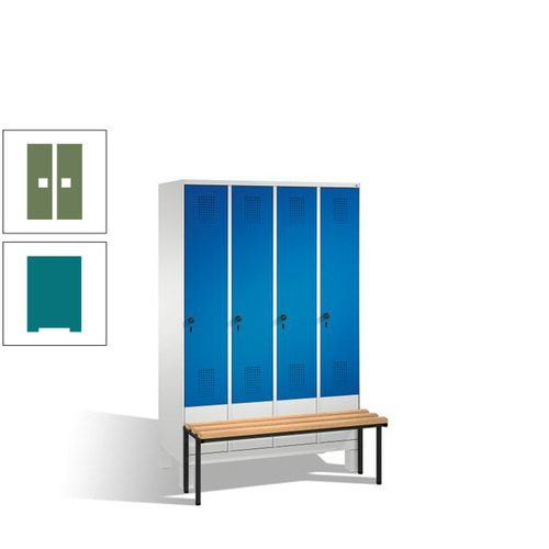 Stahl-Garderobenschrank, Spind, Buche Sitzbank vorgebaut, 4 Abteile a 300 mm, Korpus Lichtgrün, Tür Schwefelgelb, 1.850 x 1.200 x 815 mm (HxBxT)