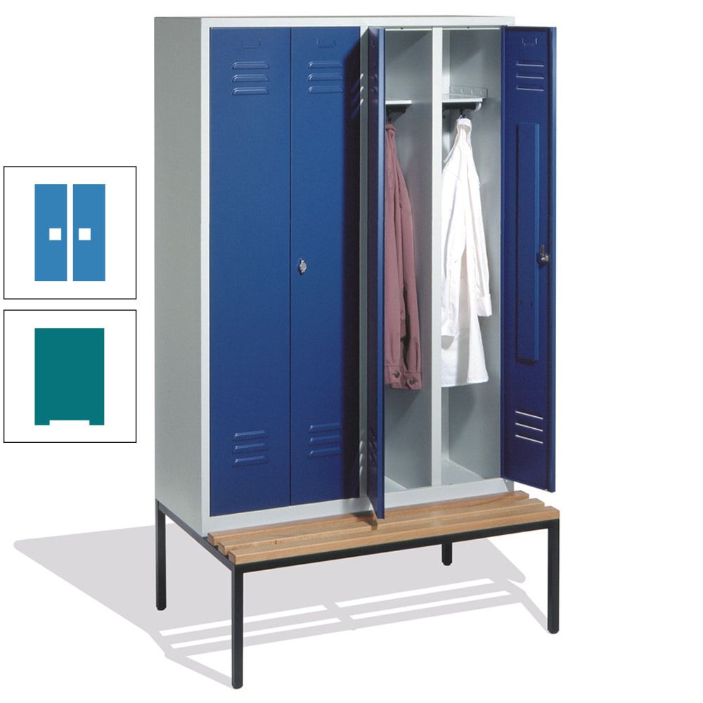 Doppel-Spindschrank, Buche Sitzbank untergebaut, 4 Abteile a 300 mm, Korpus lichtgrau, Tür anthrazitgrau, 2.090 x 1.190 x 815 mm (HxBxT)
