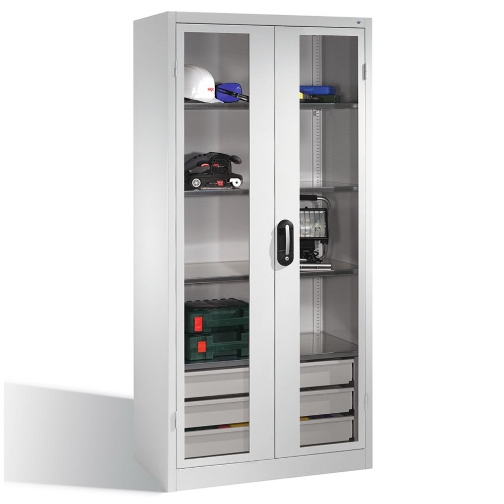 C+P Großraum Werkzeugschrank, Sichtfenstertüren, 4 Fachböden, 3 Schubladen unten, Farbe lichtgrau, 1.950 x 930 x 500 (HxBxT)