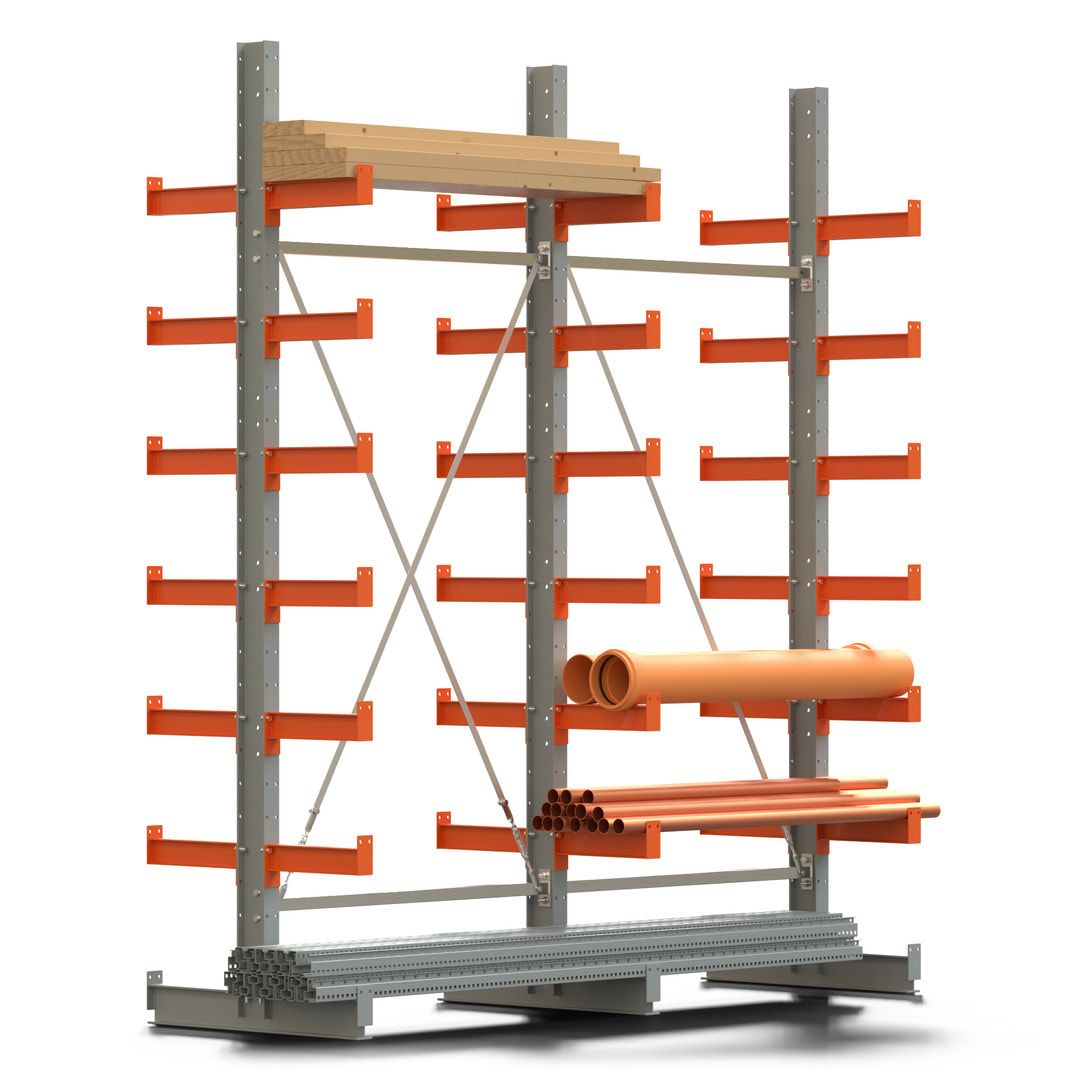 Doppelseitiges Kragarmregal, 2 Felder, 3.000 x 2.560 x 1.120 mm (HxBxT), Nutztiefe 500 mm, Kragarmlast 870 kg, KARL basic, silbergrau/reinorange