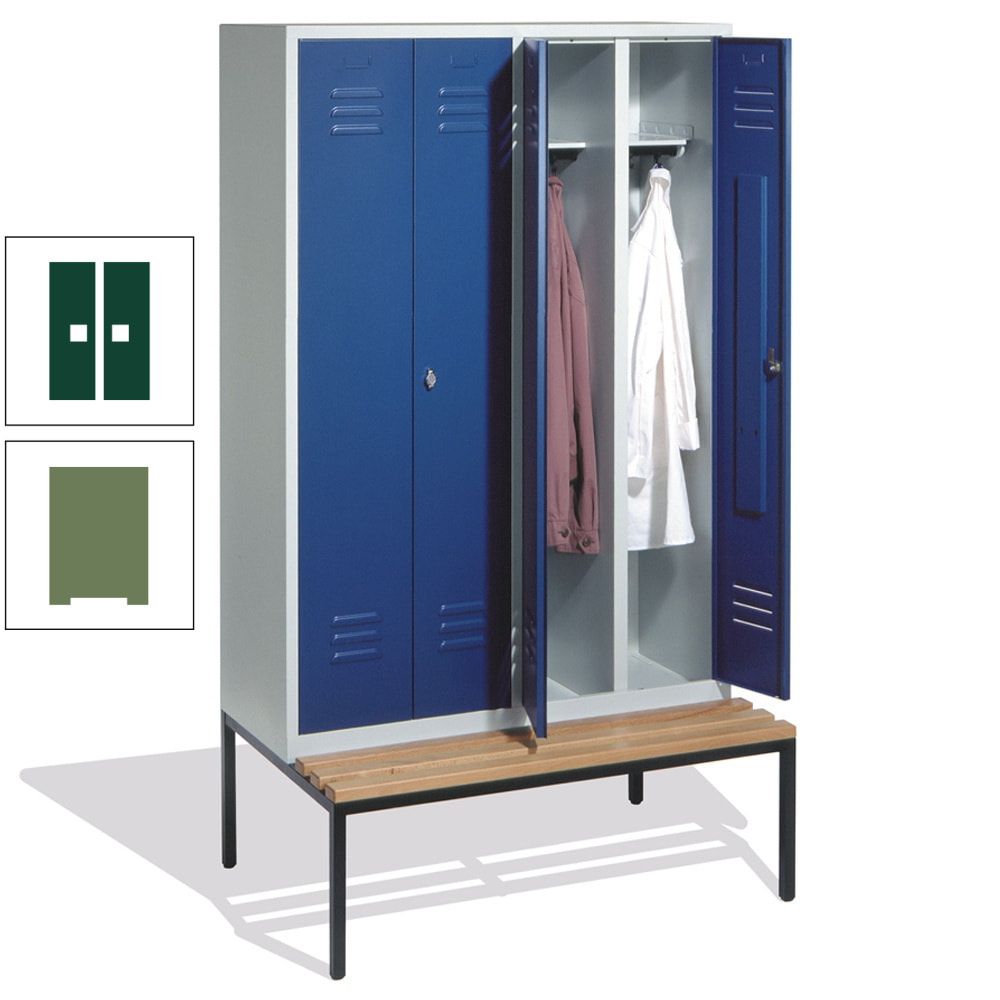 Doppel-Spindschrank, Buche Sitzbank untergebaut, 4 Abteile a 300 mm, Korpus lichtgrau, Tür anthrazitgrau, 2.090 x 1.190 x 815 mm (HxBxT)