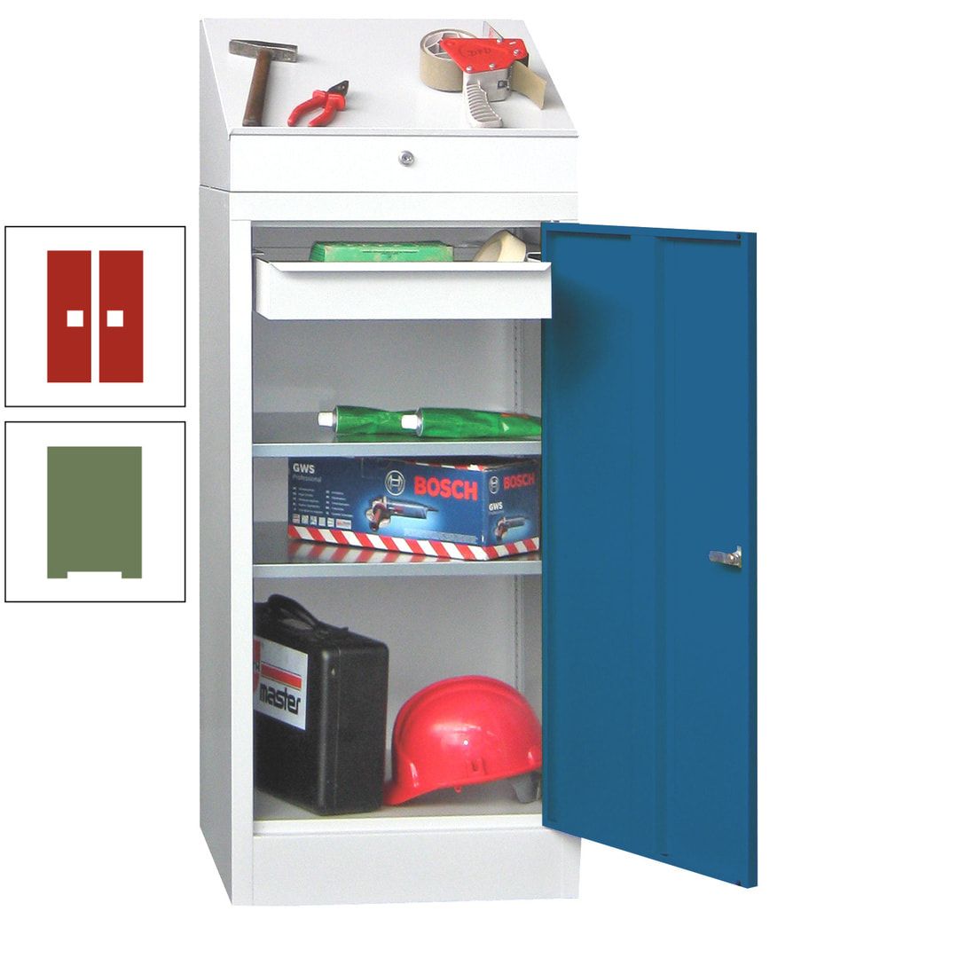 Stehpult mit Schrank - Vollblechtür - 1 Einlegeboden, 1 Ausziehboden, 1 Schublade - 1.270x500x500 mm (HxBxT) - anthrazitgrau