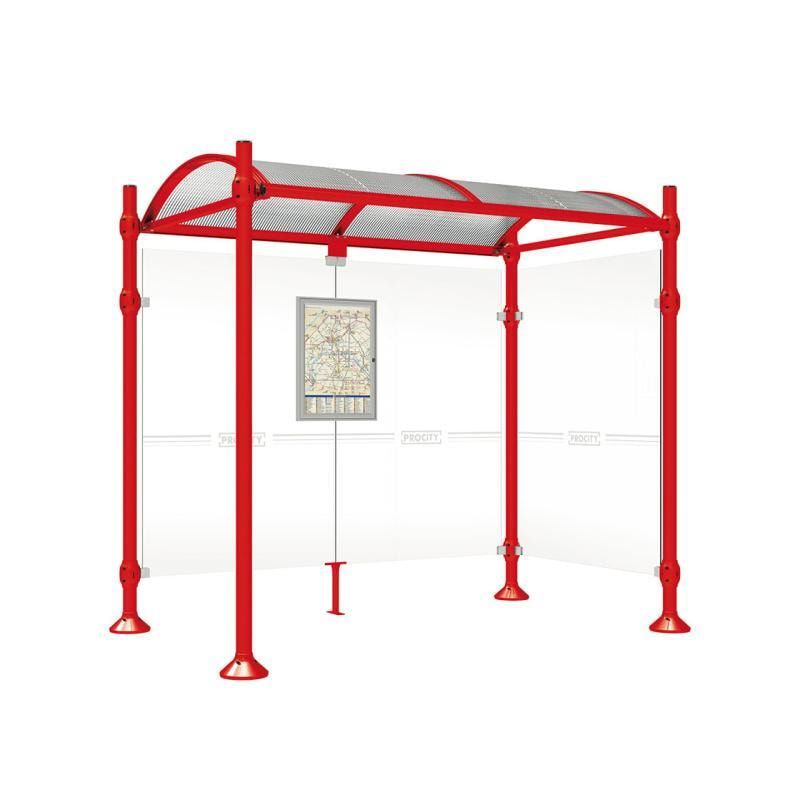 Buswartehalle, Unterstand, 2 Seitenwände, Kopf gebürsteter Edelstahl, ESG, Fahrplanschaukasten, 2.500 x 2.500 x 1.600 mm (HxBxT), Farbe enzianblau