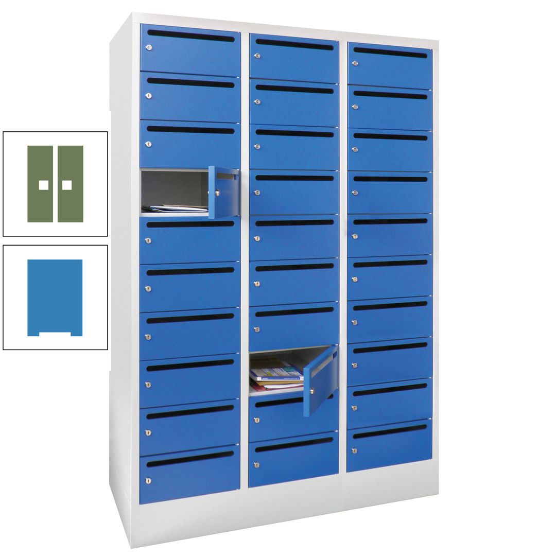Postverteilerschrank, Schließfachschrank, 3 Abteile a 300 mm, 30 Fächer, 1.850 x 900 x 500 mm (HxBxT), Korpus anthrazitgrau, Front anthrazitgrau