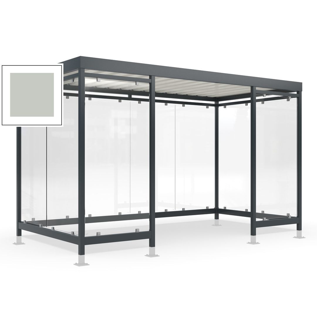 Raucherunterstand für 12-13 Personen, Bushaltestelle, mit Überpflasterung, 2.440 x 4.195 x 2.165 mm (HxBxT), 10 Wände, Achatgrau