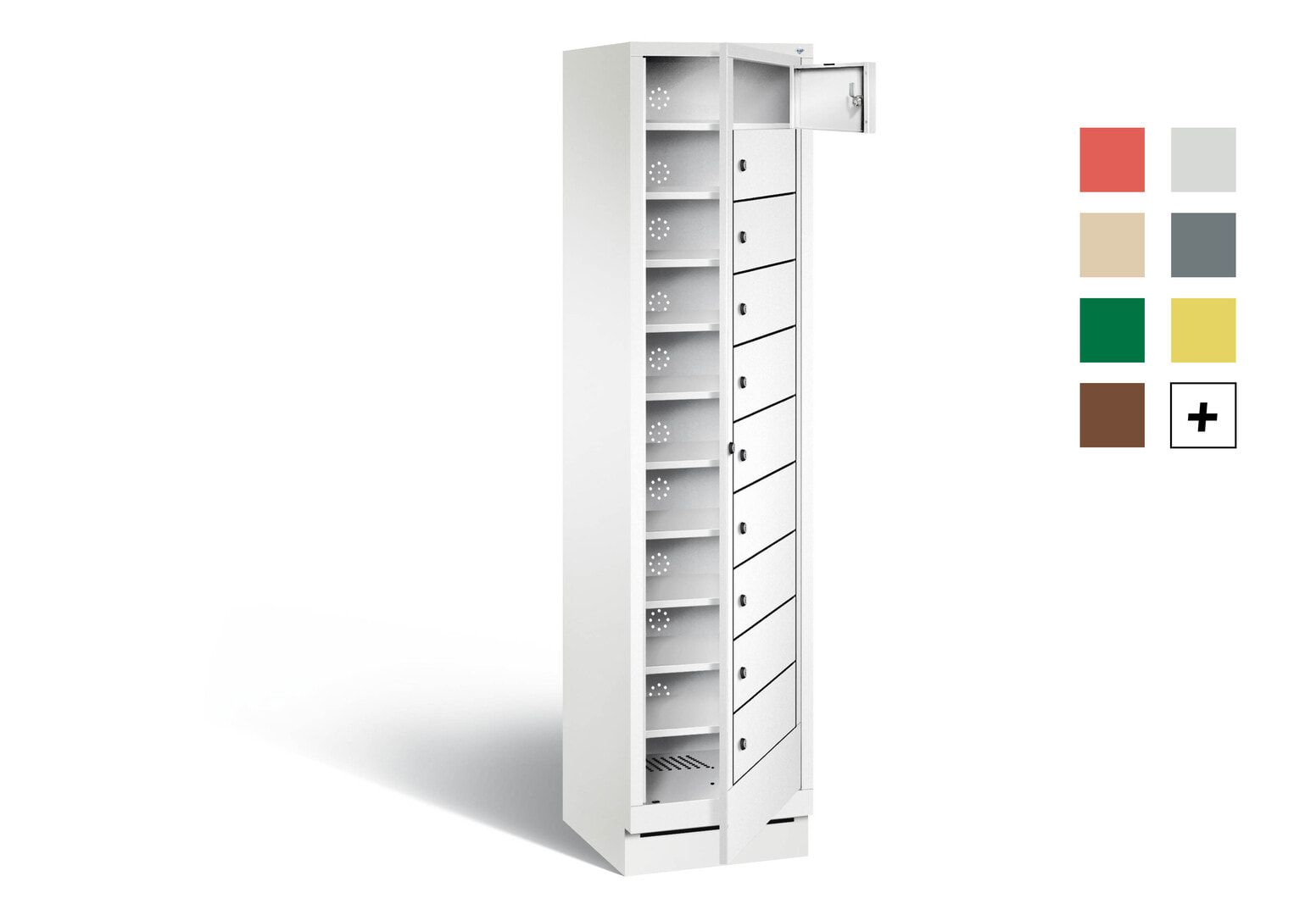 Wäscheschrank, Ausgabeschrank, Fächerschrank, Zentraltür, Sockel, 10 Fächer, Korpus Pastellgelb, Tür anthrazitgrau, 1.800 x 420 x 500 mm (HxBxT)