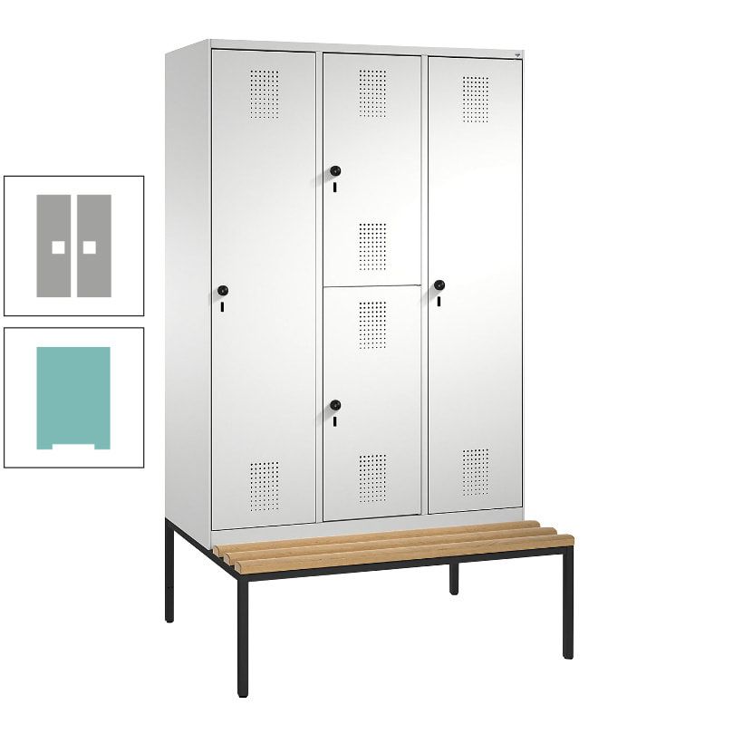 Garderobenschrank, Spind ein- und doppelstöckig Sitzbank, 3 Abteile, 4 Fächer, 2.090x1.200x500 mm (HxBxT), Front anthrazitgrau, Korpus anthrazitgrau