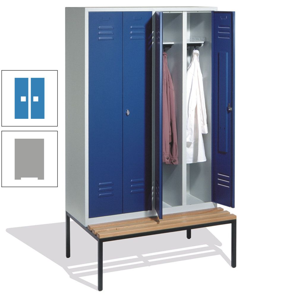 Doppel-Spindschrank, Buche Sitzbank untergebaut, 4 Abteile a 300 mm, Korpus lichtgrau, Tür anthrazitgrau, 2.090 x 1.190 x 815 mm (HxBxT)