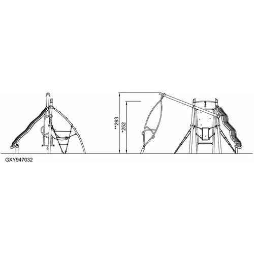 1-Turm-Kletteranlage, Kletterwand, Drehkreisel, Spielmuschel, Leiter, Motorik, feuerverzinkt, Stahl, 2.930 x 4.910 x 3.630 mm (HxBxT), Farbe Mars-Rot