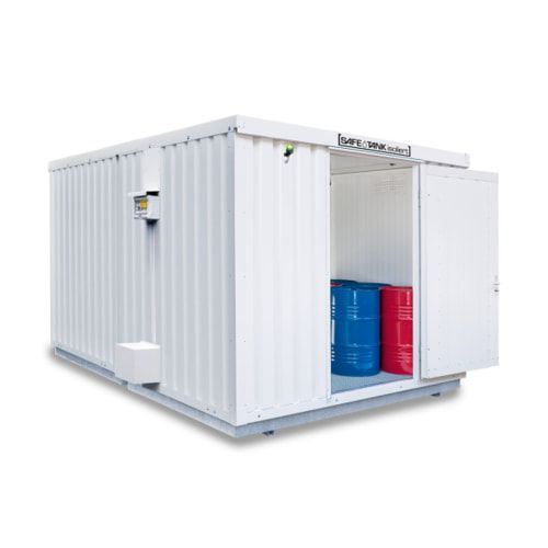 Isolierter Gefahrstoffcontainer - 2.510 x 4.050 x 4.340 mm (HxBxT) - Auffangvolumen 2 x 1.050 l - Sensorlüfter - Doppelflügeltür kurze Seite