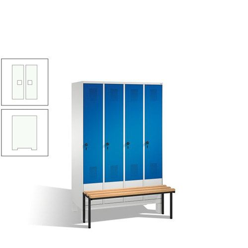 Stahl-Garderobenschrank, Spind, Buche Sitzbank vorgebaut, 4 Abteile a 300 mm, Korpus Lichtgrün, Tür Schwefelgelb, 1.850 x 1.200 x 815 mm (HxBxT)