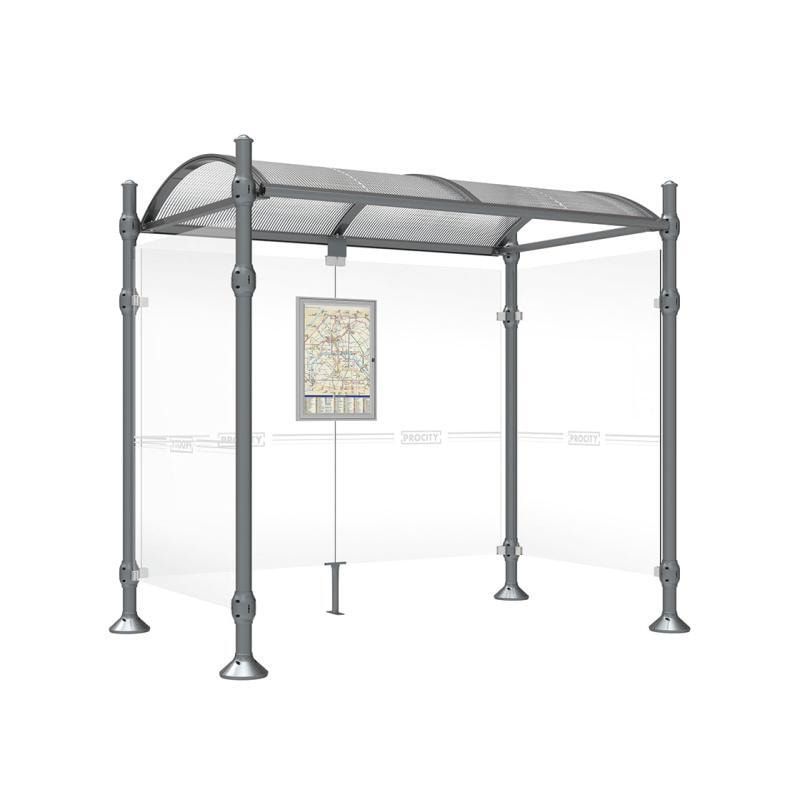 Buswartehalle, Unterstand, 2 Seitenwände, Kopf gebürsteter Edelstahl, ESG, Fahrplanschaukasten, 2.500 x 2.500 x 1.600 mm (HxBxT), Farbe enzianblau