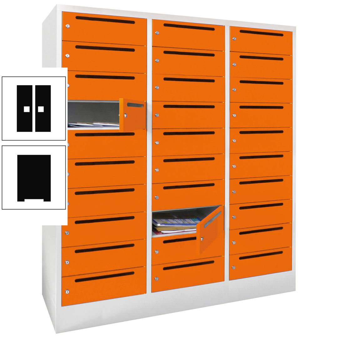 Postverteilerschrank, Schließfachschrank, 3 Abteile a 40 cm, 30 Fächer, 1.850 x 1.200 x 500 mm (HxBxT), Korpus anthrazitgrau, Front anthrazitgrau