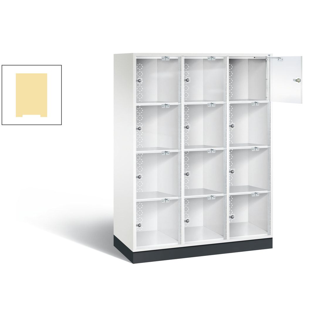 Schließfachschrank, Fächerschrank mit Türen aus Acrylglas, 3 Abteile, 12 Fächer, Zylinderschloss, 1.750 x 1.220 x 500 mm (HxBxT), Korpus anthrazitgrau