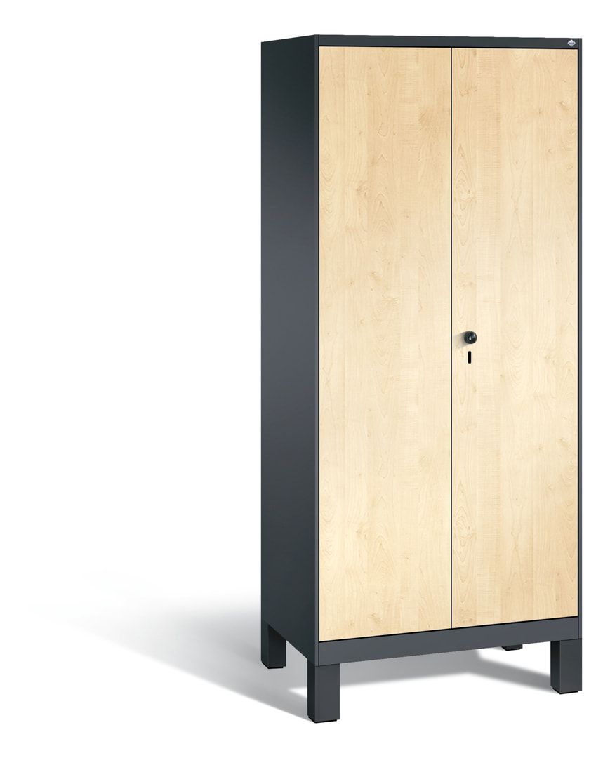 Doppel-Spind, Garderobenschrank mit Füßen, 2 Abteile a 400 mm, Korpus anthrazitgrau, Tür Dekorfront HPL Donau-Ahorn, 1.850 x 800 x 500 mm (HxBxT)