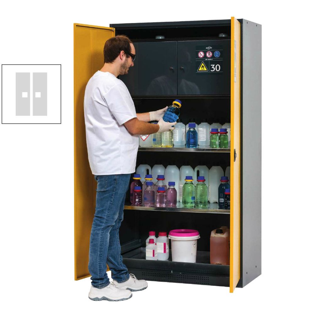 Chemikalienschrank - Sicherheitsbox - Flügeltüren, goldgelb - 2 Fachböden - Lochblecheinsatz - 1.950 x 1.055 x 520 mm - Stahl, pulverbeschichtet