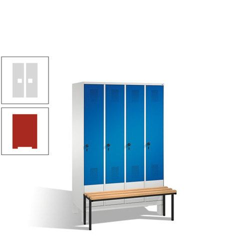 Stahl-Garderobenschrank, Spind, Buche Sitzbank vorgebaut, 4 Abteile a 300 mm, Korpus Lichtgrün, Tür Schwefelgelb, 1.850 x 1.200 x 815 mm (HxBxT)