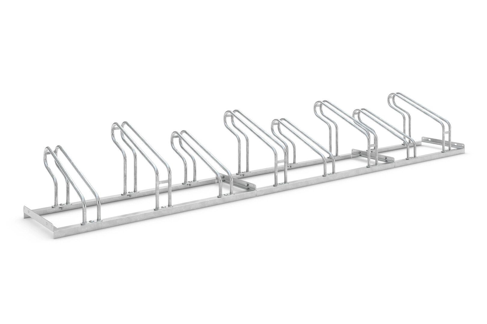 Fahrrad-Bügelparker, Rundrohr, Silber, 8 Stellplätze, für extra breite Fahrräder, höhenversetzt, Reihenverbindung, 415 x 3.120 x 538 mm (HxBxT)
