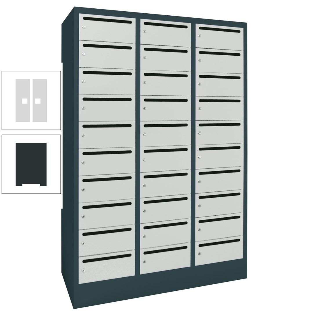 Postverteilerschrank, Schließfachschrank, 3 Abteile a 300 mm, 30 Fächer, 1.850 x 900 x 500 mm (HxBxT), Korpus anthrazitgrau, Front anthrazitgrau