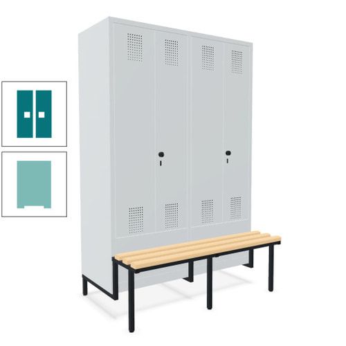 Doppel-Spind, Garderobenschrank, Buche Sitzbank integriert, 4 Abteile 300 mm, Korpus anthrazitgrau, Tür anthrazitgrau, 1.850 x 1.200 x 815 mm (HxBxT)