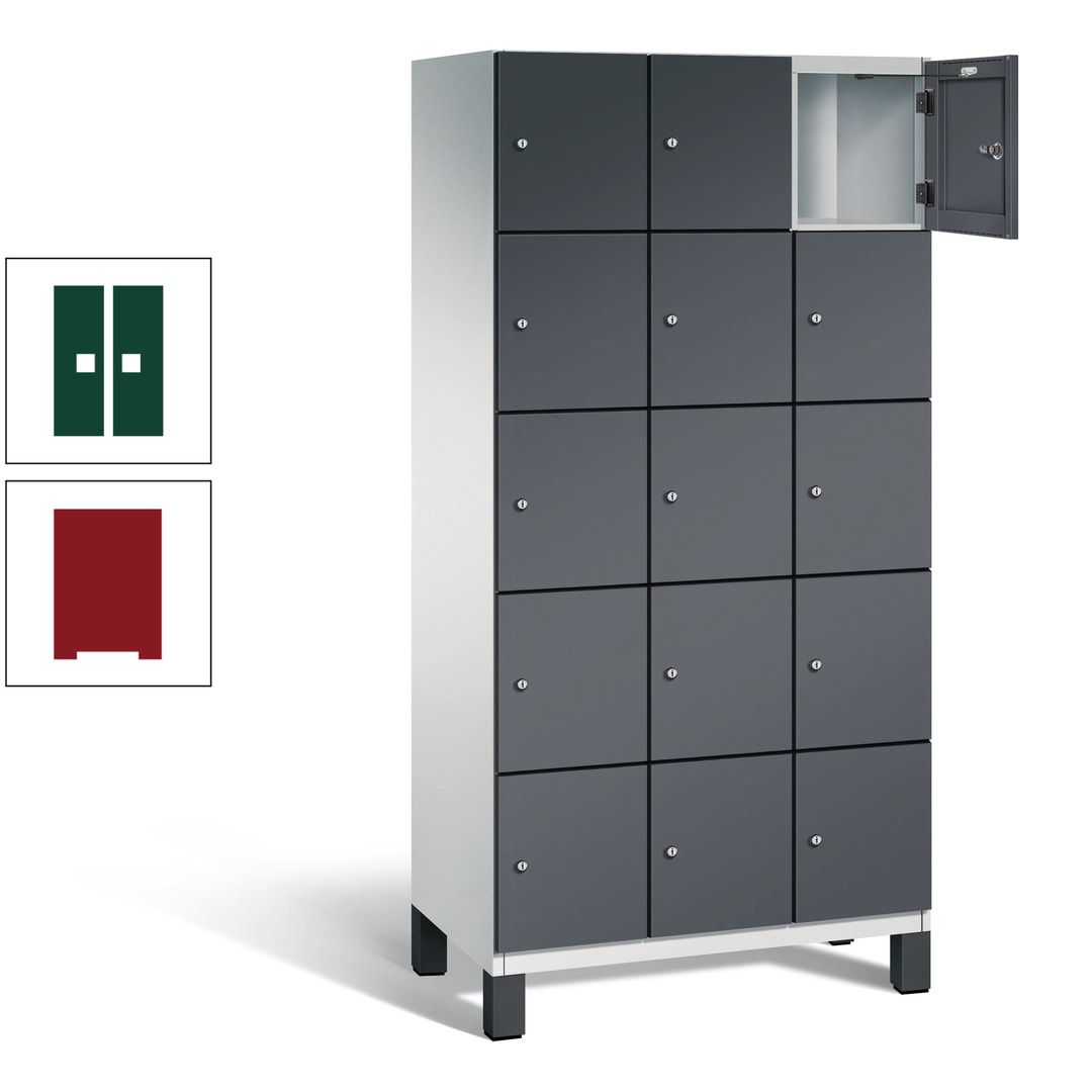 Fächerschrank, Stahlschrank, 15 Fächer, Türöffnungsbegrenzer, Füße, 1.980 x 900 x 525 mm (HxBxT), Korpus anthrazitgrau, Front anthrazitgrau