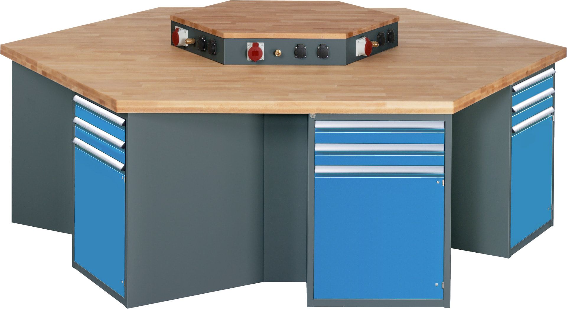 Gruppenwerkbank, Buche, Höhe 840 mm, mit Energieaufsatz, Unterbau-Container, 2 Schubladen, 1 Tür, 1 Boden - Anthrazitgrau