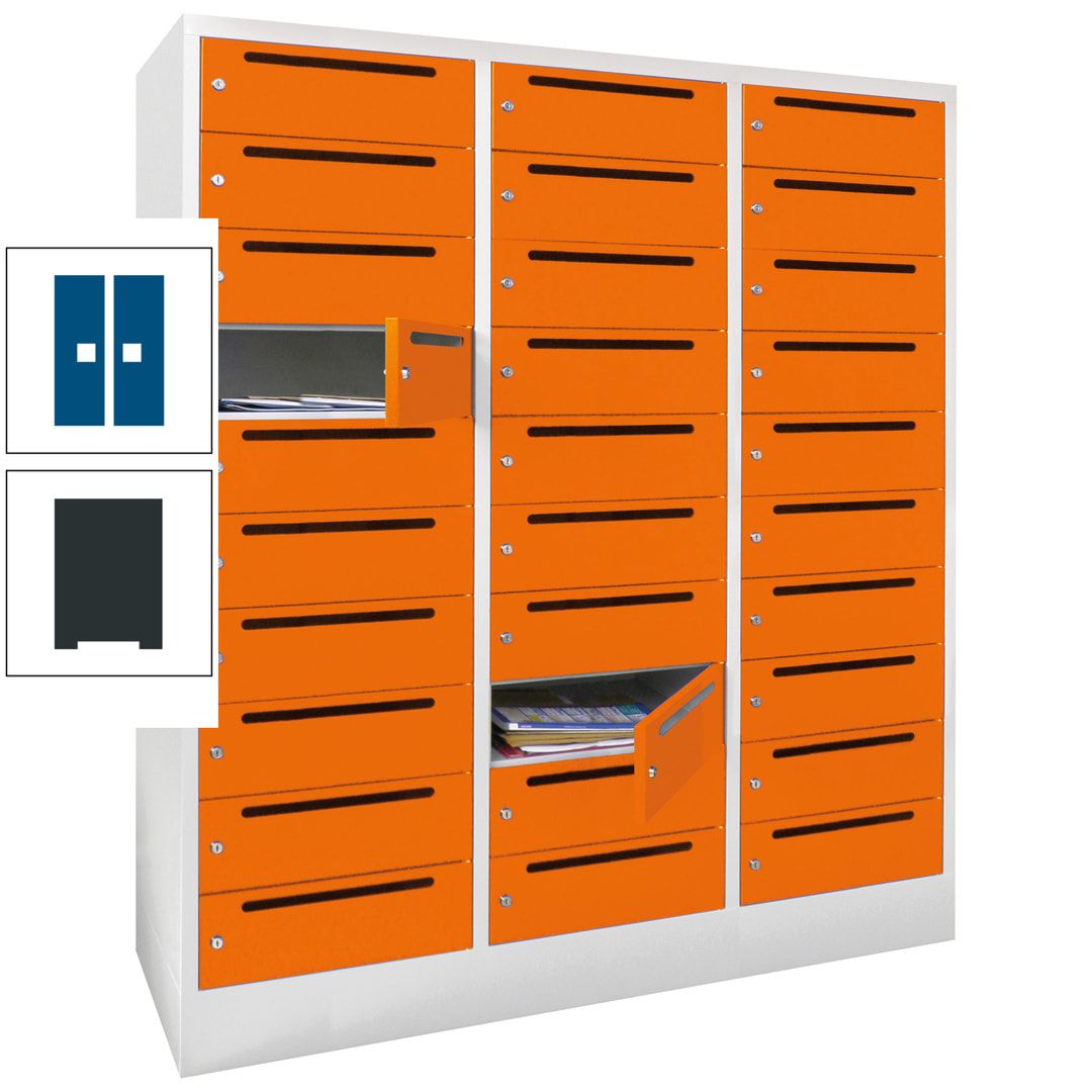Postverteilerschrank, Schließfachschrank, 3 Abteile a 40 cm, 30 Fächer, 1.850 x 1.200 x 500 mm (HxBxT), Korpus anthrazitgrau, Front anthrazitgrau