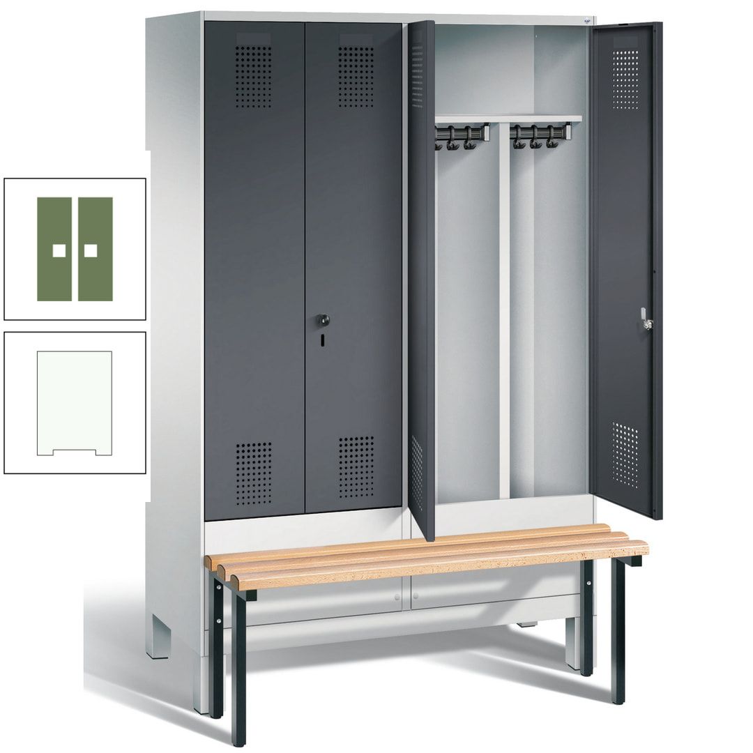 Doppel-Spind, Garderobenschrank, Buche Sitzbank vorgebaut, 4 Abteile a 300 mm, Korpus feuerrot, Tür Wasserblau, 1.850 x 1.200 x 815 mm (HxBxT)