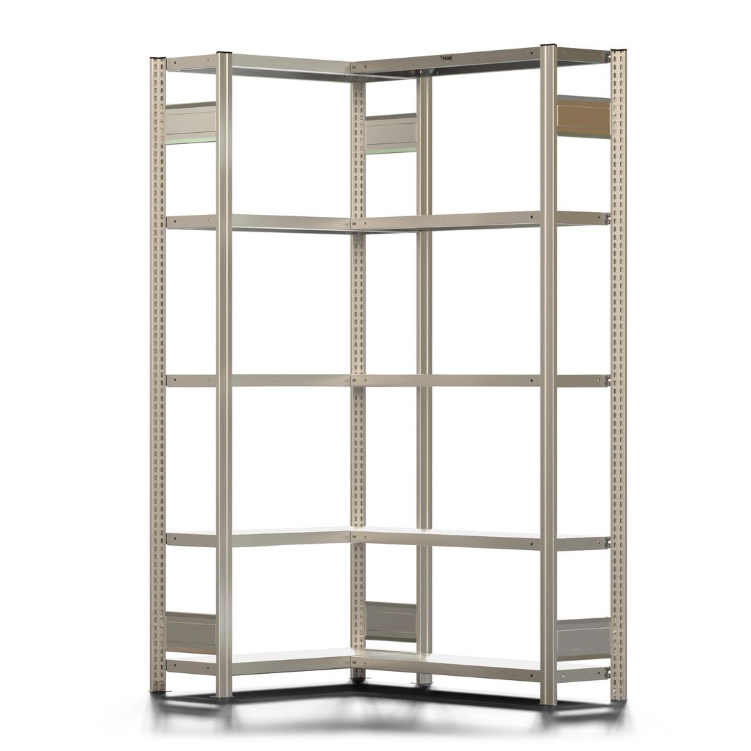 Eckregal mit 5 Stahlfachböden - 150 kg - 2.000 x 1.201 x 931 mm (HxBxT) - verzinkt - Fachbodenregal - BERT