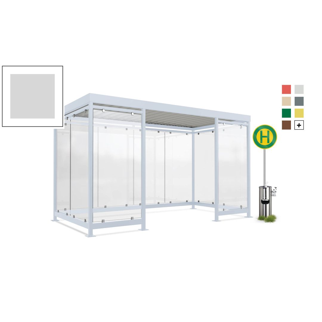Fahrgastunterstand, Raucherunterstand, geschweißt, Aufdübeln, 12-13 Personen, 2.440 x 4.195 x 2.165 mm (HxBxT), 10 Wände, braunrot