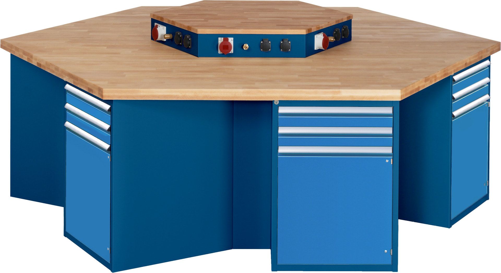 Gruppenwerkbank, Buche, Höhe 840 mm, mit Energieaufsatz, Unterbau-Container, 2 Schubladen, 1 Tür, 1 Boden - Anthrazitgrau
