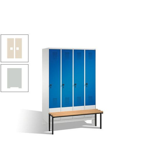 Stahl-Garderobenschrank, Spind, Buche Sitzbank vorgebaut, 4 Abteile a 300 mm, Korpus Lichtgrün, Tür Schwefelgelb, 1.850 x 1.200 x 815 mm (HxBxT)