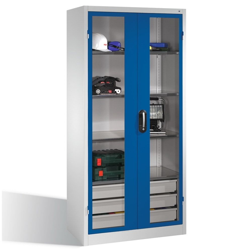 C+P Großraum Werkzeugschrank, Sichtfenstertüren, 4 Fachböden, 3 Schubladen unten, Farbe lichtgrau, 1.950 x 930 x 500 (HxBxT)