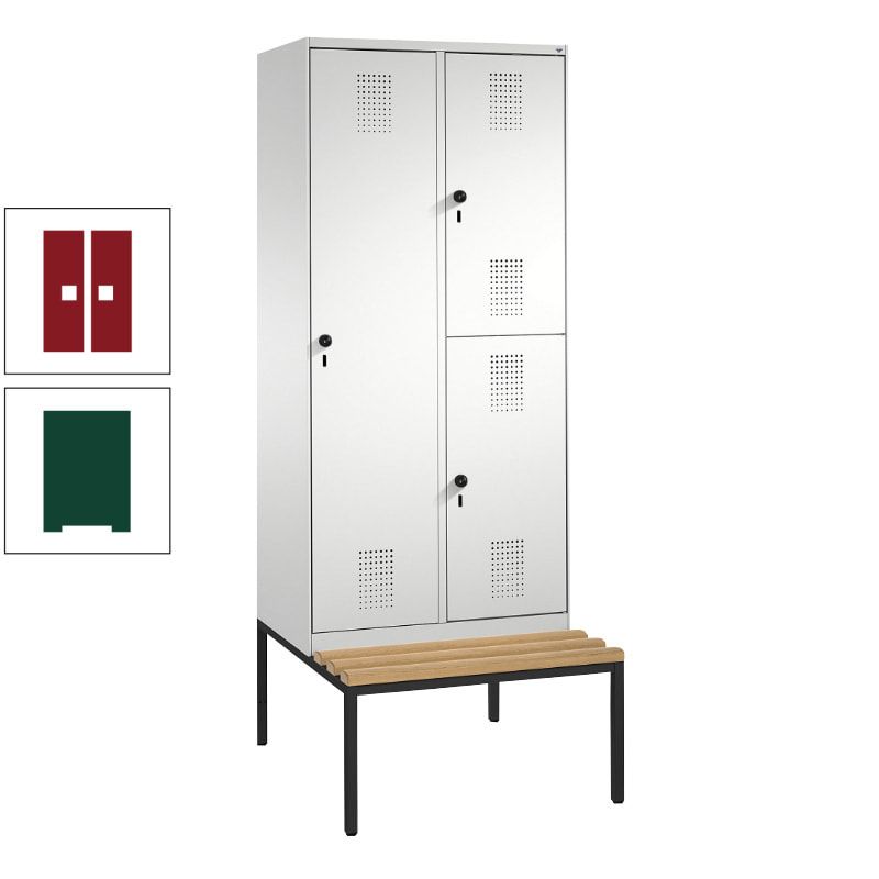Garderobenschrank, Spind ein- und doppelstöckig Sitzbank, 2 Abteile, 3 Fächer, 2.090 x 800 x 500 mm (HxBxT), Front anthrazitgrau, Korpus anthrazitgrau