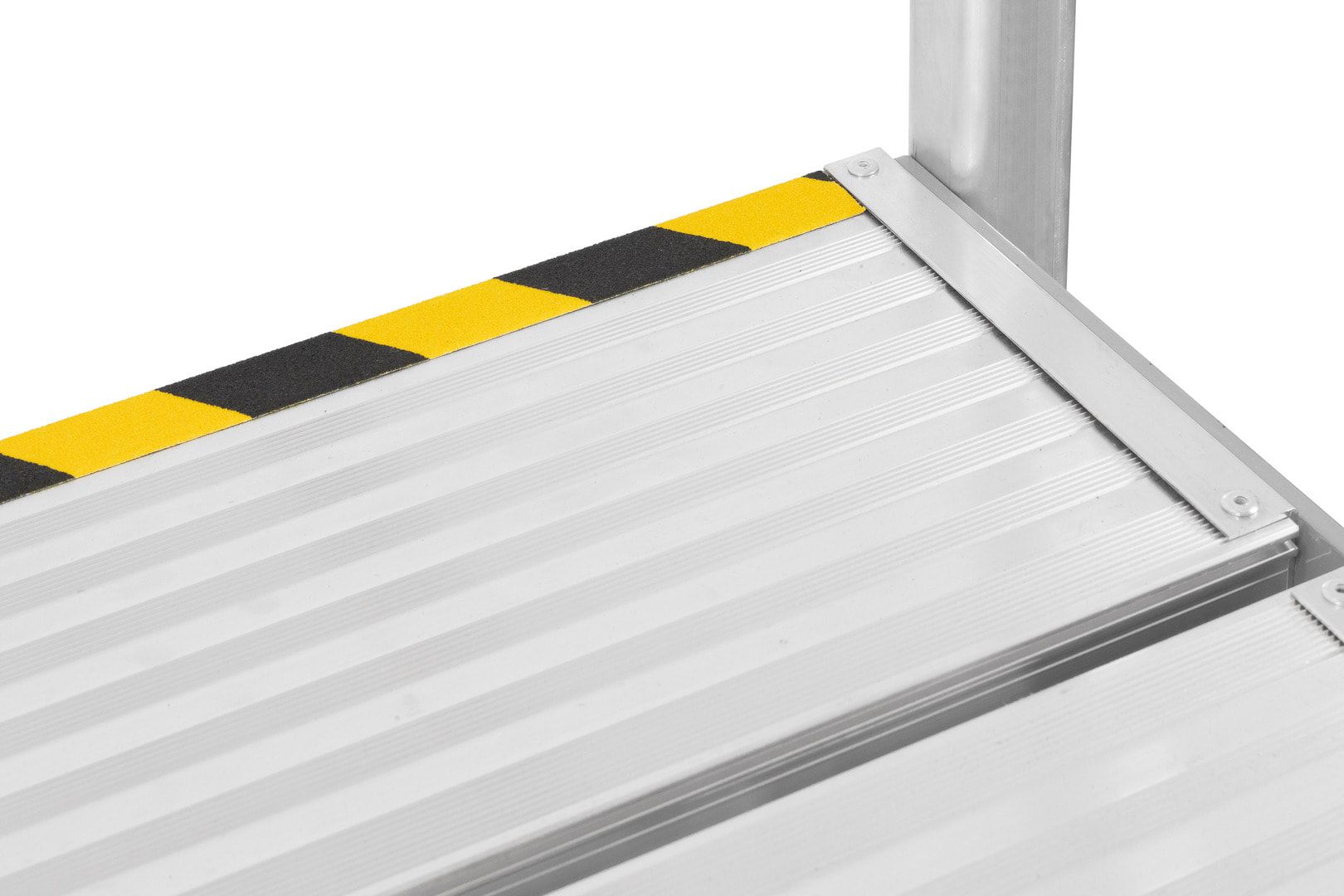 Aluminium Industrietreppe, 2 Stufen, Breite 1.000 mm, bis 150 kg Traglast, große Plattform, erweiterbar, rutschsicher, ortsfeste Montage möglich